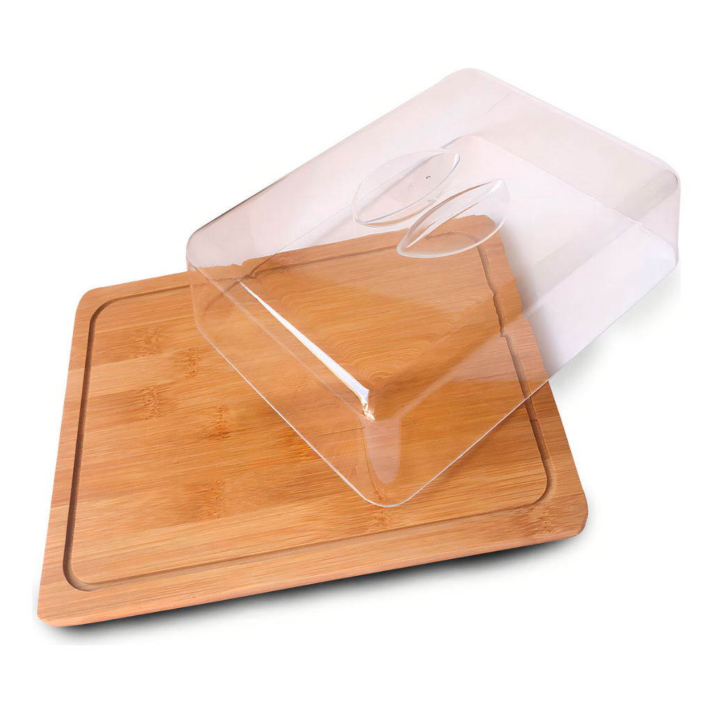 Bandeja Boleira porta frios Bambu Retangular Com Tampa 25 cm X 19 cm X 8cm