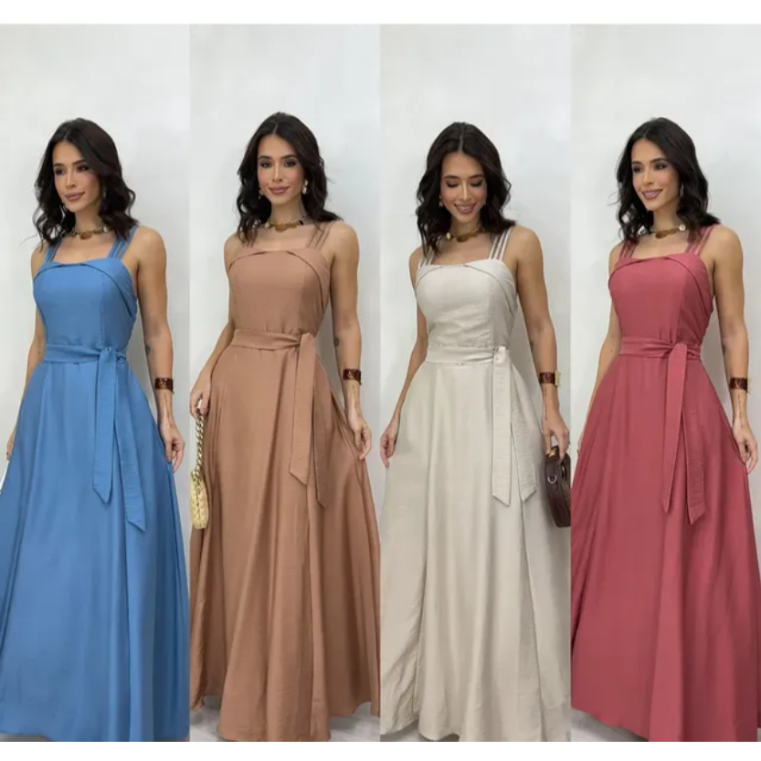 Vestido Duna  Linho com Alças e Cinto, forro e bojo em Oferta na Shopee