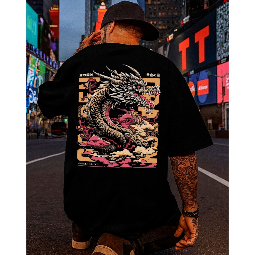 Camiseta Streetwear Masculina Oversized Golden Dragon Estampada Frente e Costas Algodão Penteado