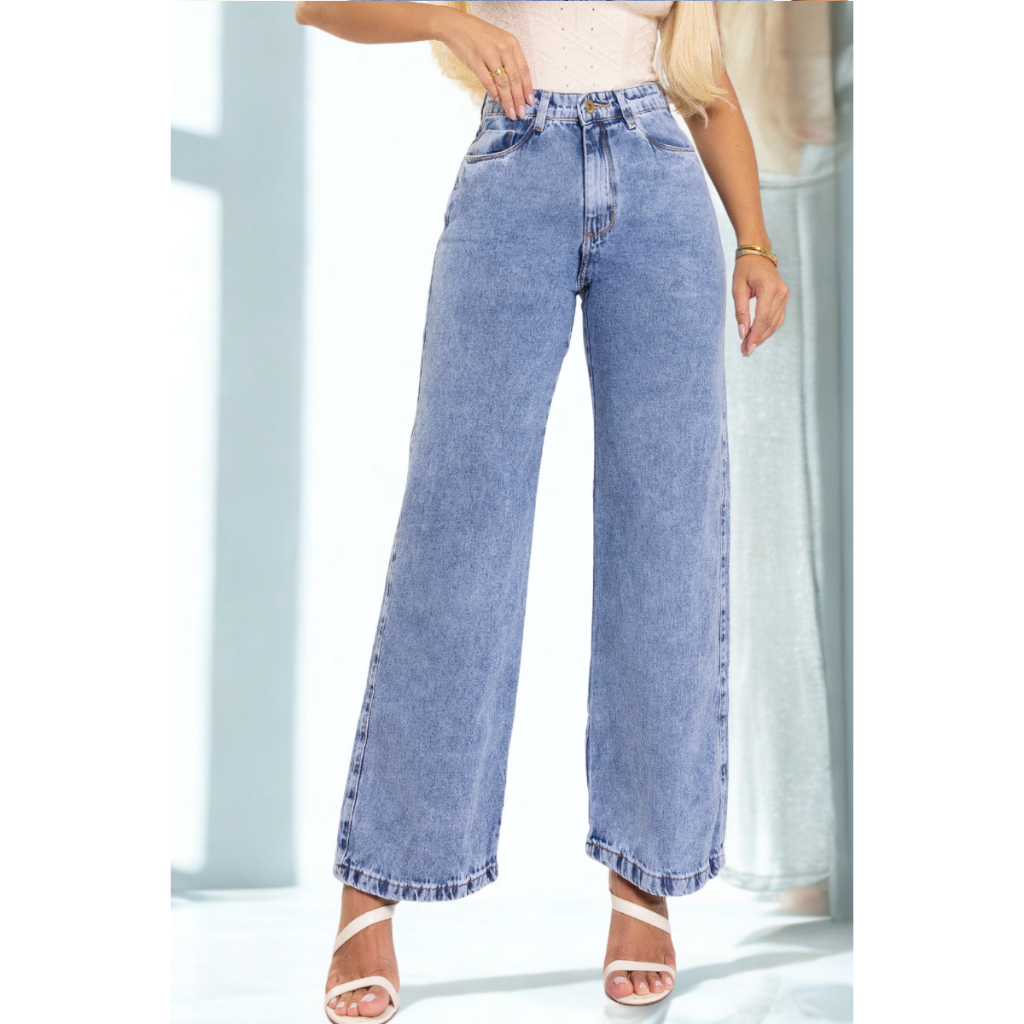 Calça Jeans Feminina Wide Leg Marmorizada Cintura Alta Sem Lycra Modelagem Levanta Bumbum Reta