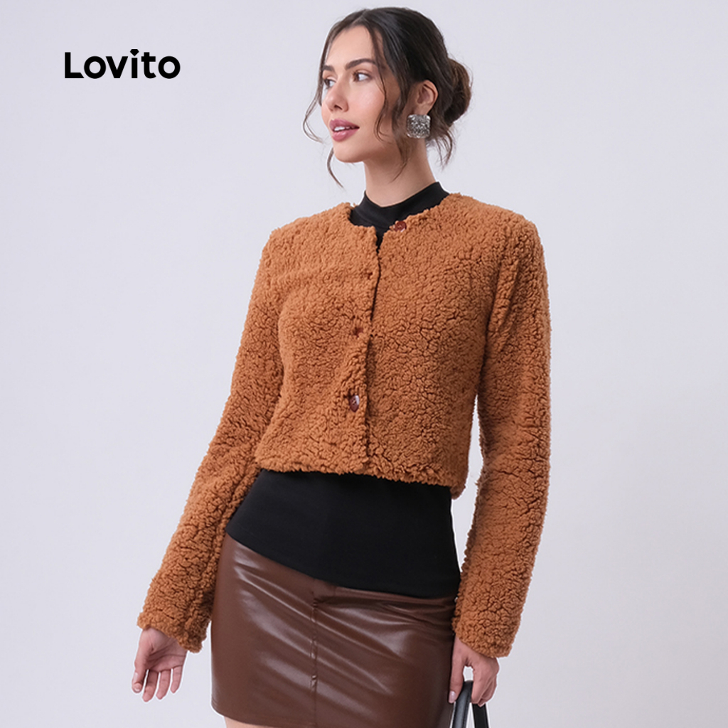 Lovito Casaco Elegante Liso com Botões Frontais Feminino JKB445BRL474 em Oferta na Shopee