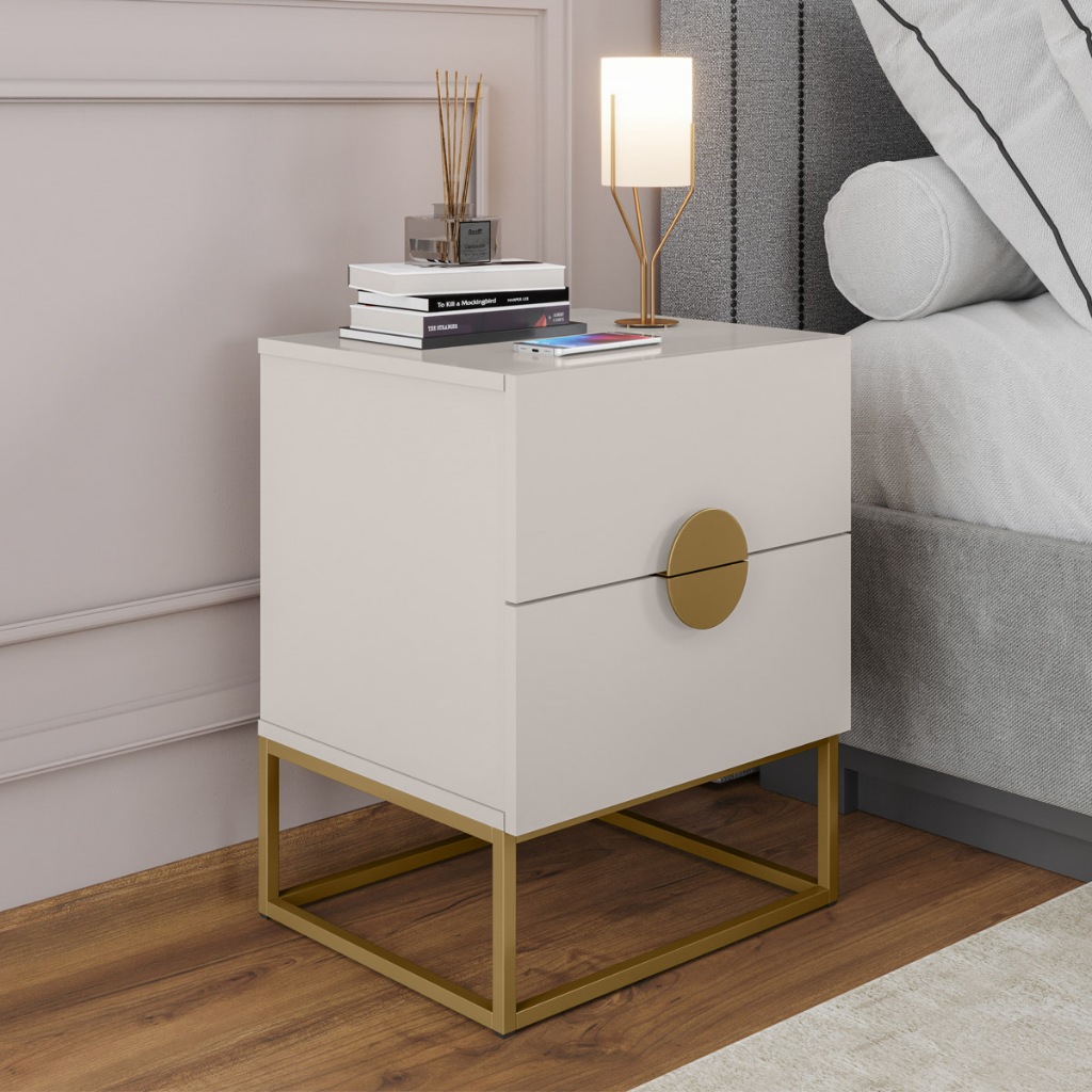 Mesa de Cabeceira Steel Luxo com 2 Gavetas Puxador Lua Base de Aço Estilo Industrial - LH Móveis