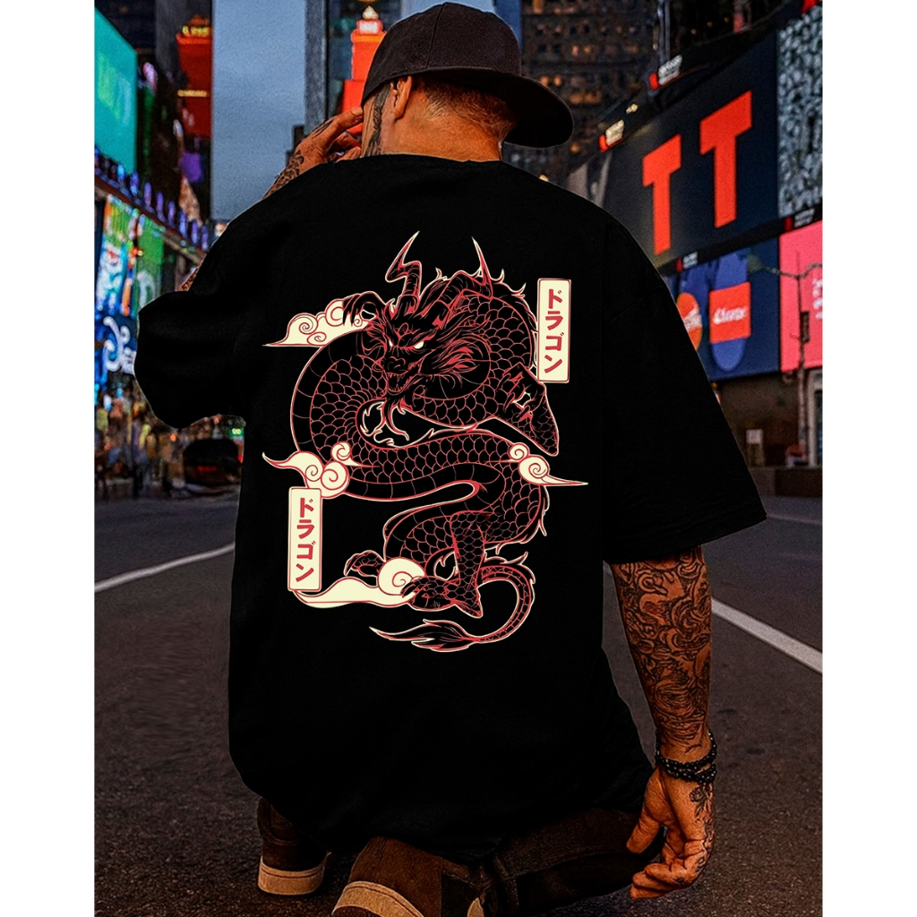 Camiseta Streetwear Unissex Oversized Black Dragon Japonês Estampada 100% Algodão Penteado Premium