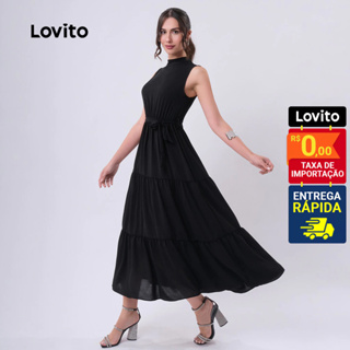 Lovito Vestido Feminino Longo Elegante com Babados DRB603BRL633 em Oferta na Shopee