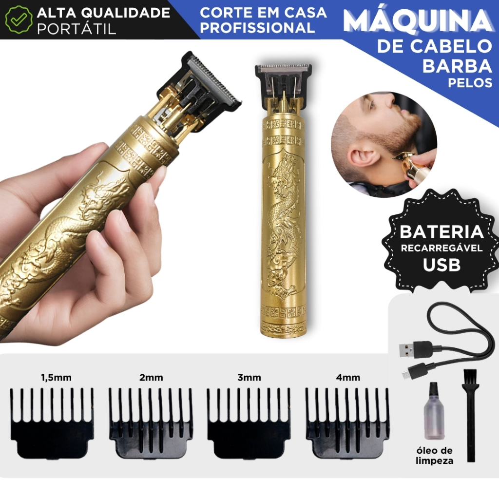 Máquina Cortar Cabelo Barba Profissional Sem Fio Recarregável USB Trimmer 4 Pentes Lâmina Inox