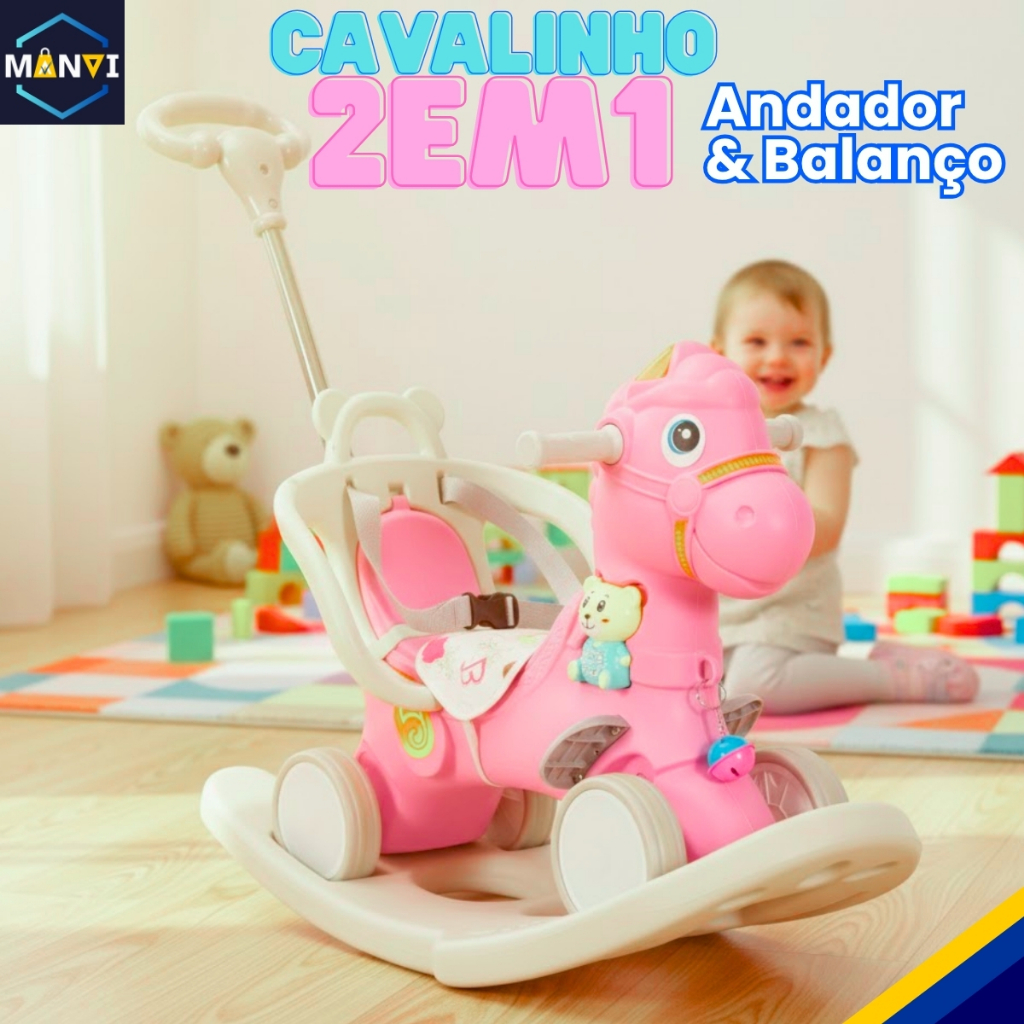 Cavalinho Passeio Balanço Andador 3 em 1 Rosa Empurrador Brinquedo Infantil Presente Criança 1 ano
