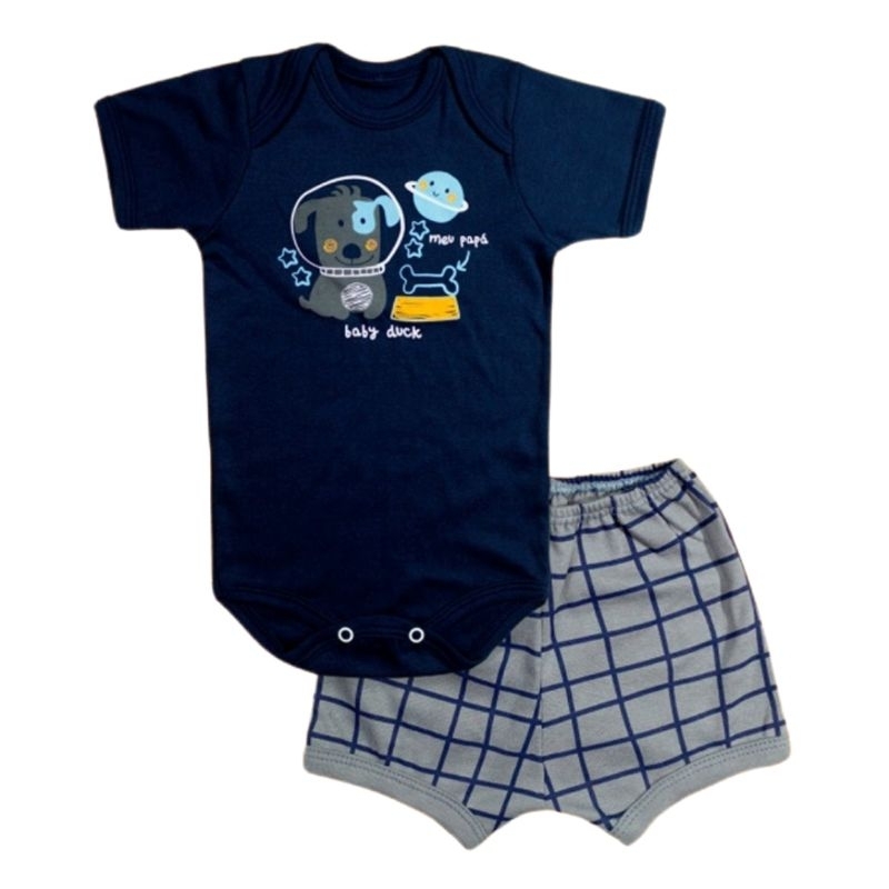 Baby Duck Conjunto Body Bebê Masculino Manga Curta com Shorts Estampado – Confortável, Macio e Ideal para Passeios