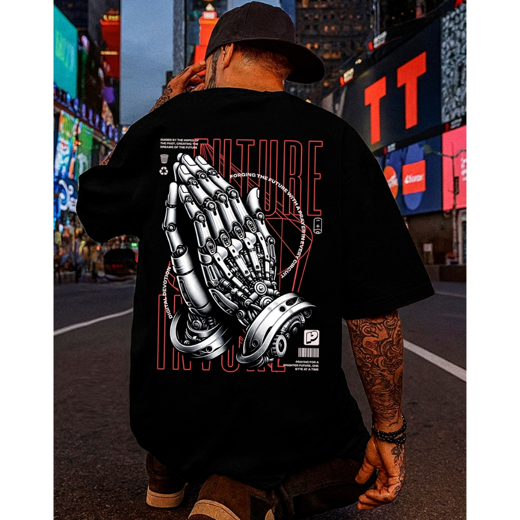 Camiseta Streetwear Masculina Oversized Future Mãos Robóticas Estampada Algodão Penteado Premium