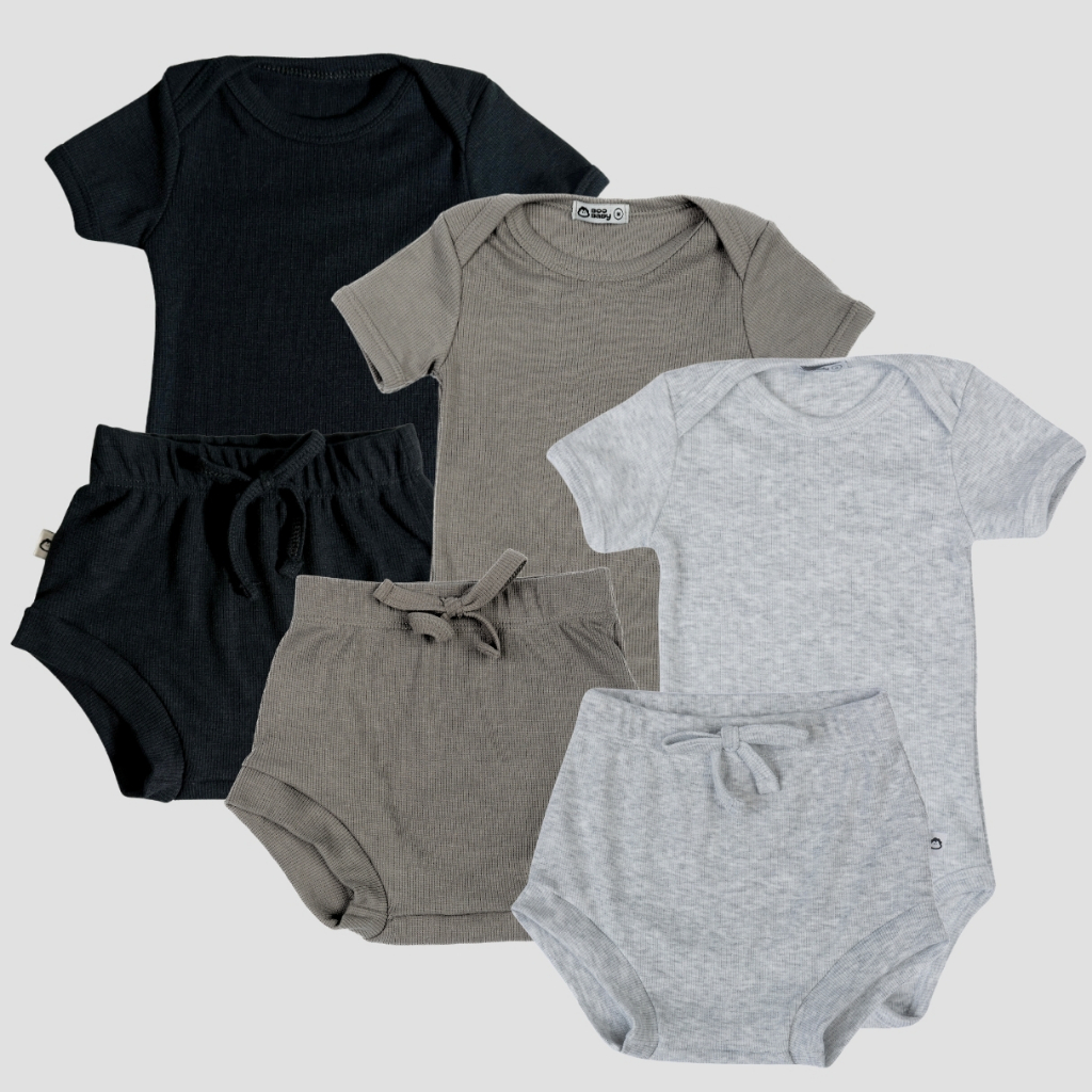 Kit 3 Conjuntos Body Bebe Manga Curta e Short Tapa Fralda Canelado Premium 05k3
