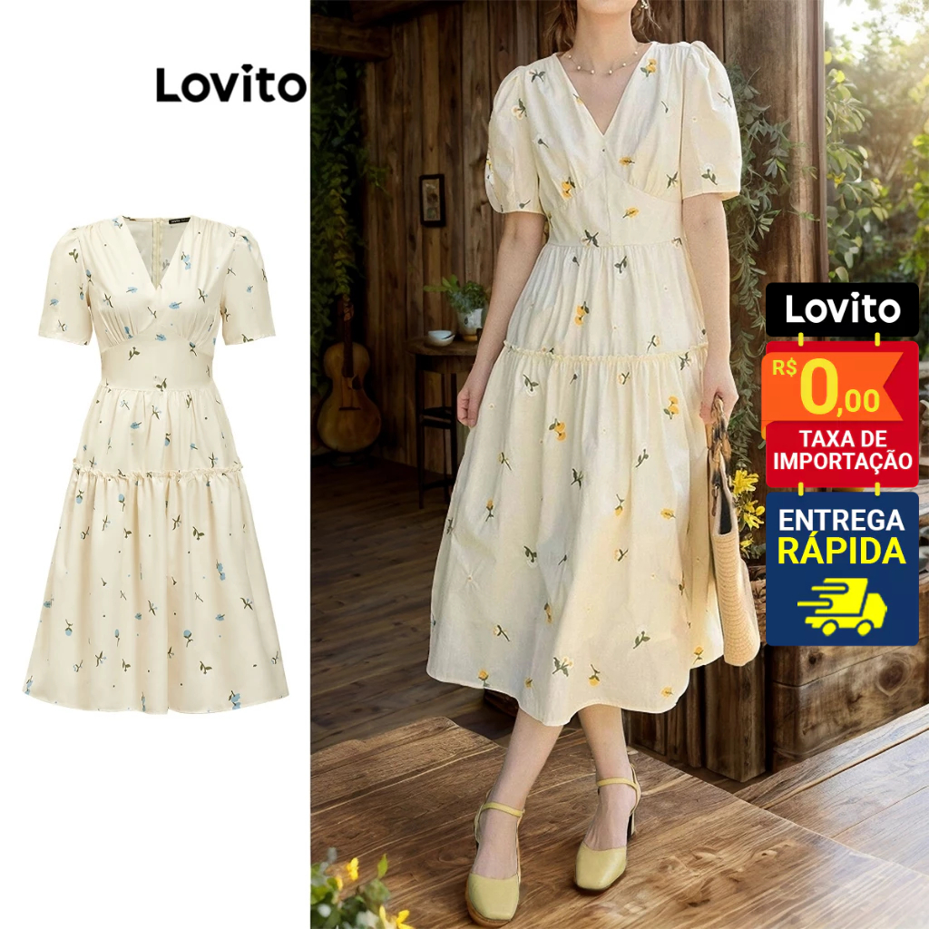 Lovito Vestido Feminino Midi Camponesa com Mangas Bufantes Floral DRB71ED267 em Oferta na Shopee