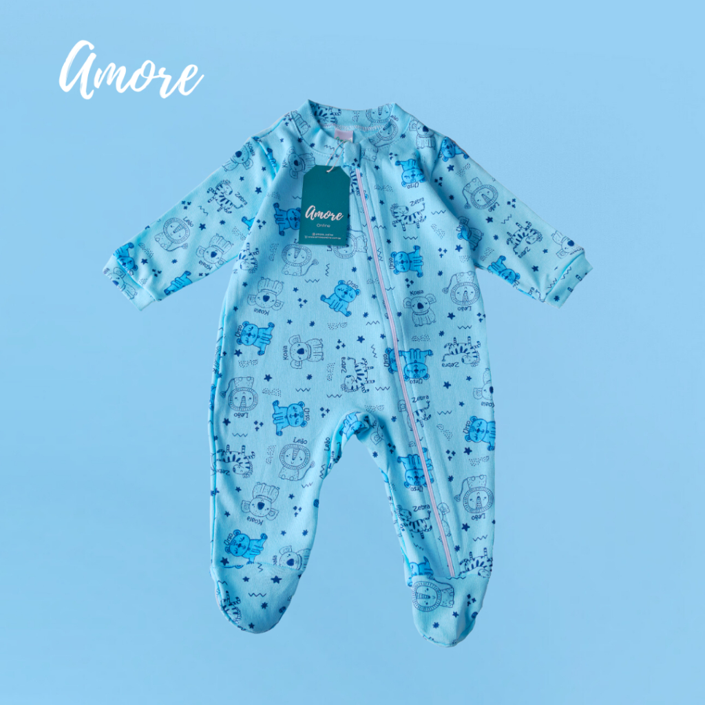 Macacão de bebê Menino Pezinho Amore Safari Azul 100% Algodão