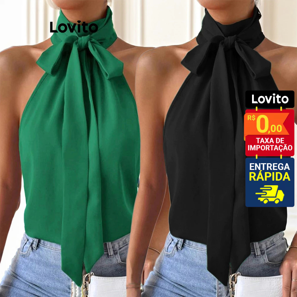 Lovito Top Halter com Laço Frontal Frente unica Sem mangas Elegante Feminina BLB4BR049 em Oferta na Shopee