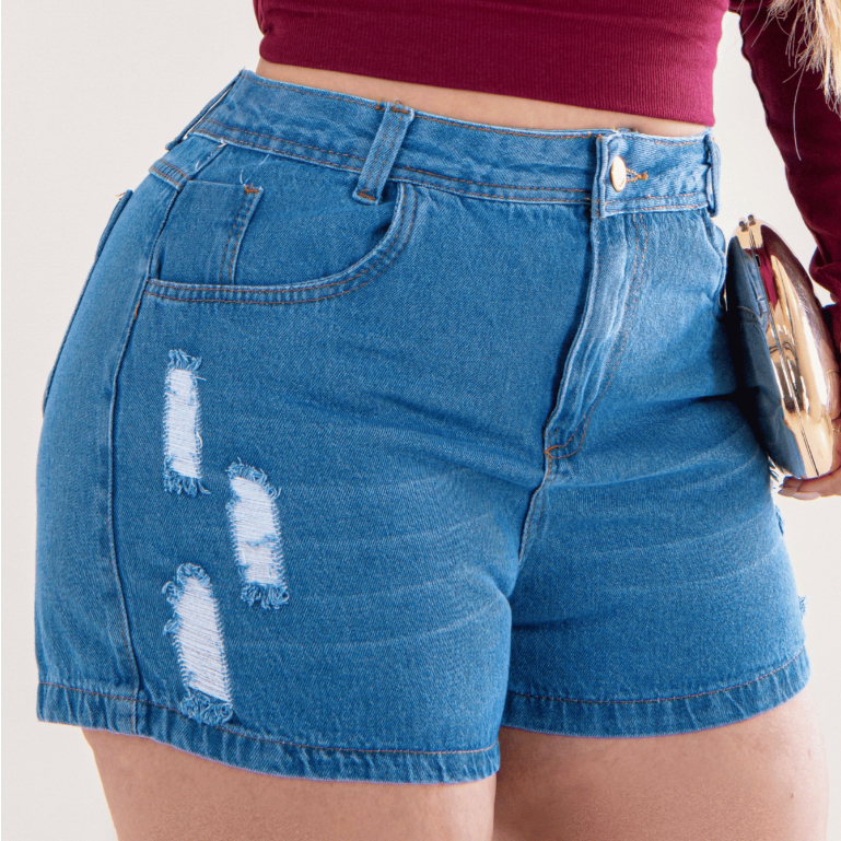 Short Jeans Feminino Plus Size Barra Destroyed Cintura Alta