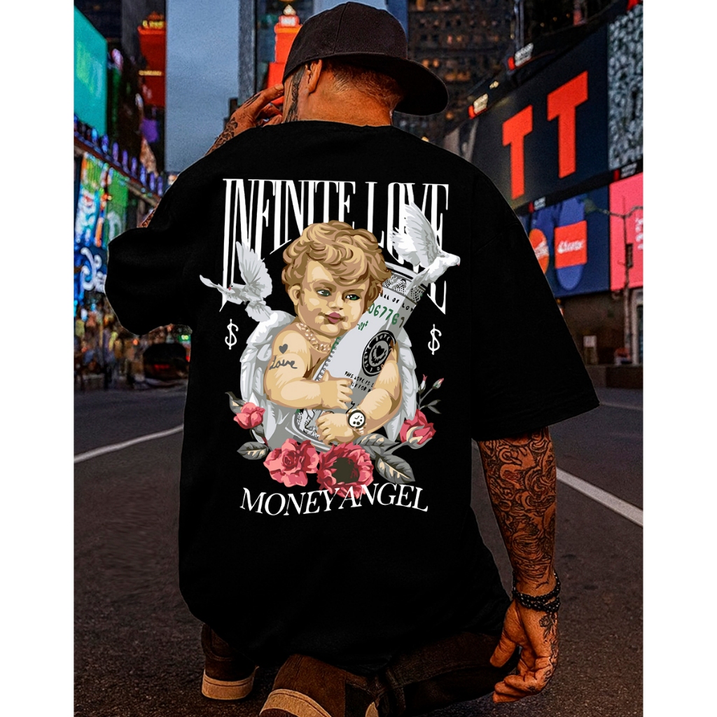 Camiseta Streetwear Masculina Oversized Love Money Angel Estampada T-shirt Algodão Penteado Premium