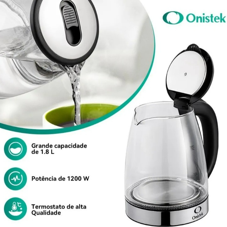 Chaleira Elétrica de Vidro Onistek 1,8L com Iluminação Interna e Indicador de Nível de Água — imagem 2 de 2