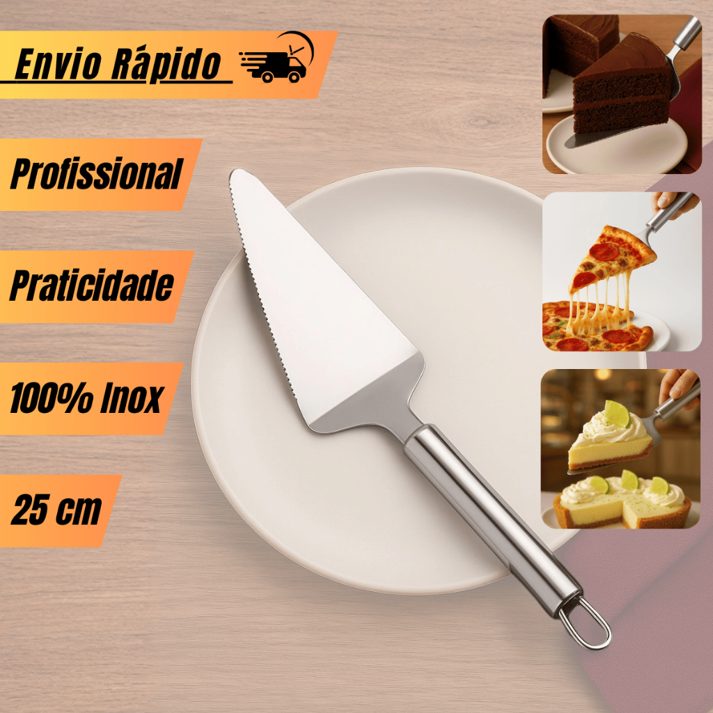 Espátula 25cm de Aço Inox Cortadora de Bolo Pizza e Tortas Confeitaria Profissional Corte Serrilhada