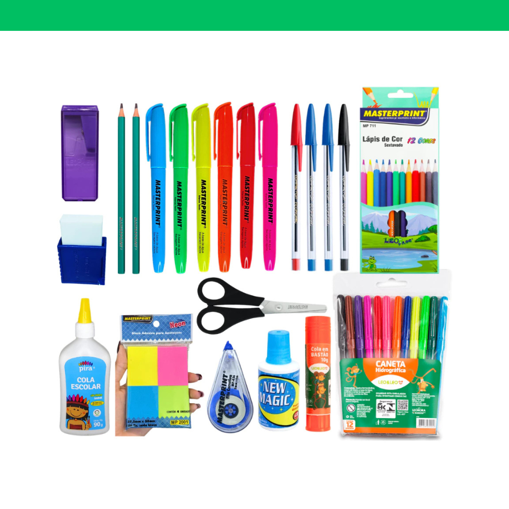 kit 47 Itens Material Escolar Volta aulas ensino fundamental médio Básico caneta lápis marca texto borracha corretivo 04