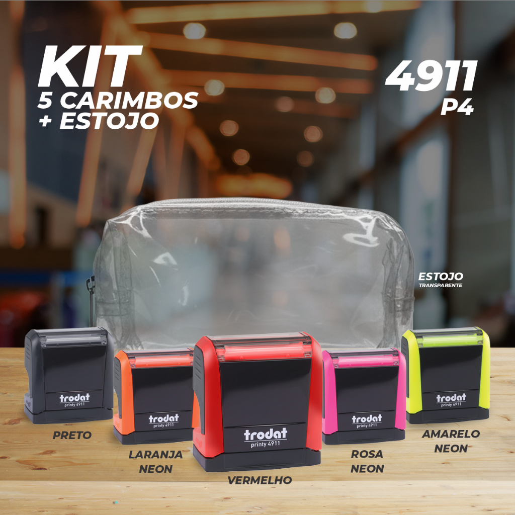 KIT CARIMBO 4911 P04 TRODAT-PRETO-VERMELHO-AMARELO NEON-ROSA NEON-LARANJA NEON+ESTOJO