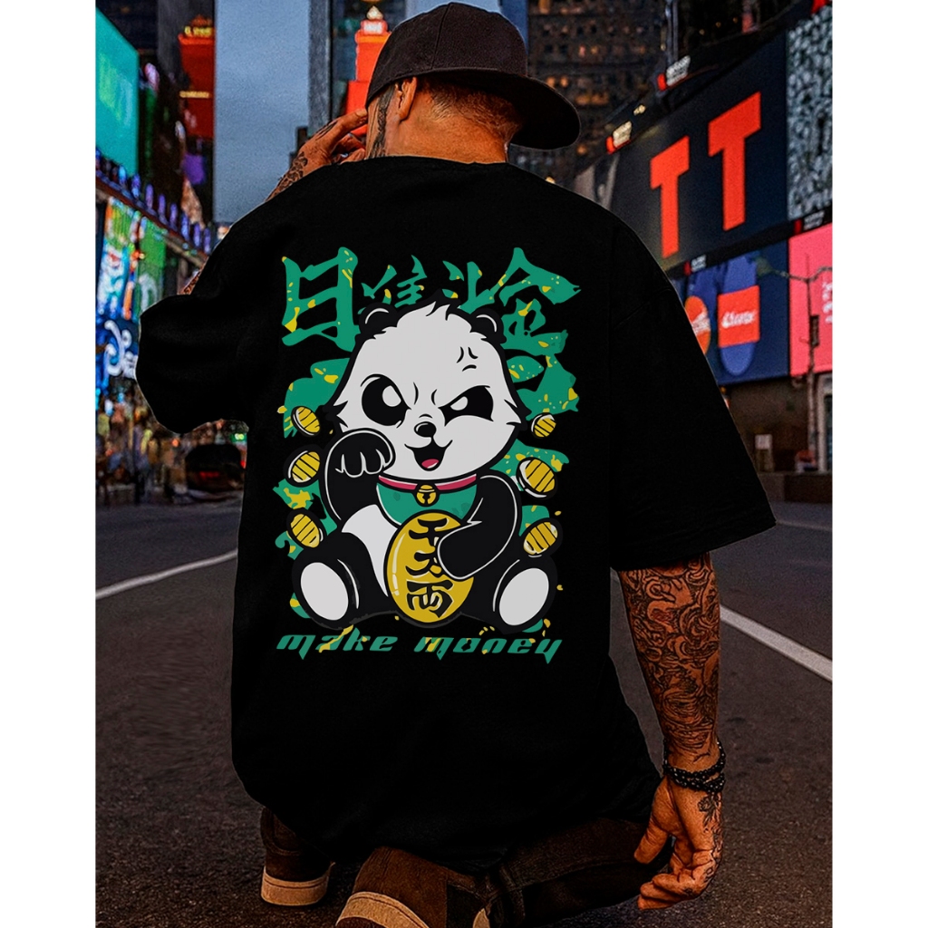Camiseta Streetwear Oversized Panda Make Money Estampada Frente e Costas Algodão Penteado Premium