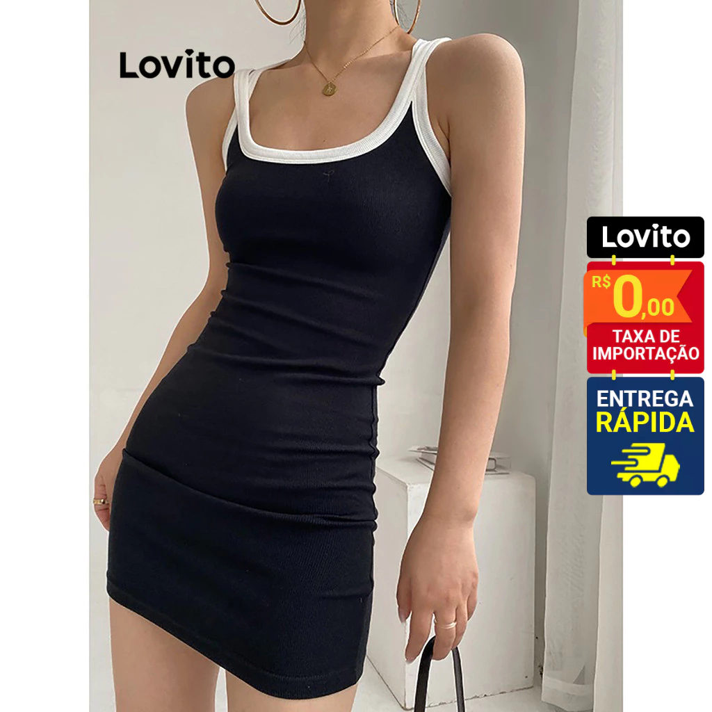 Lovito Vestido Feminino Curto Justo com Alça Contrastantes DRNS41BX052