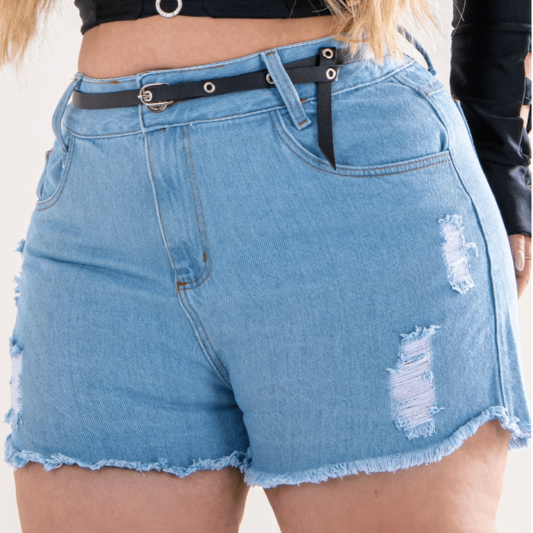Short Calção Jeans Feminino Plus Size Cintura Alta Shorts Desfiado Bermudinha