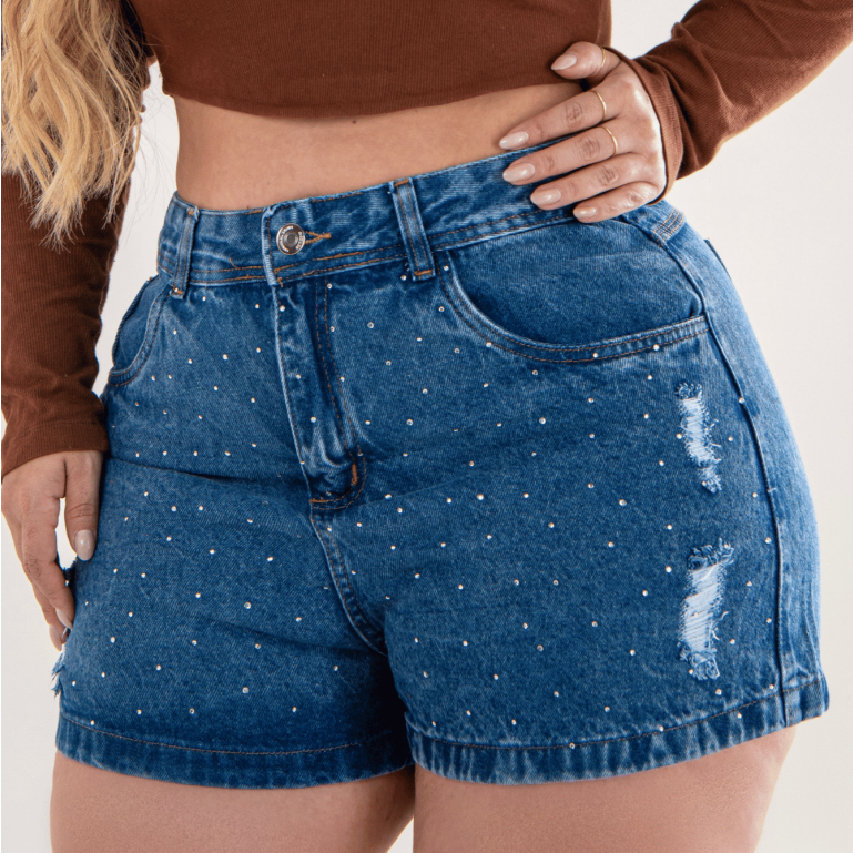 Short Jeans Feminino Plus Size Strass Marmorizado Destroyed