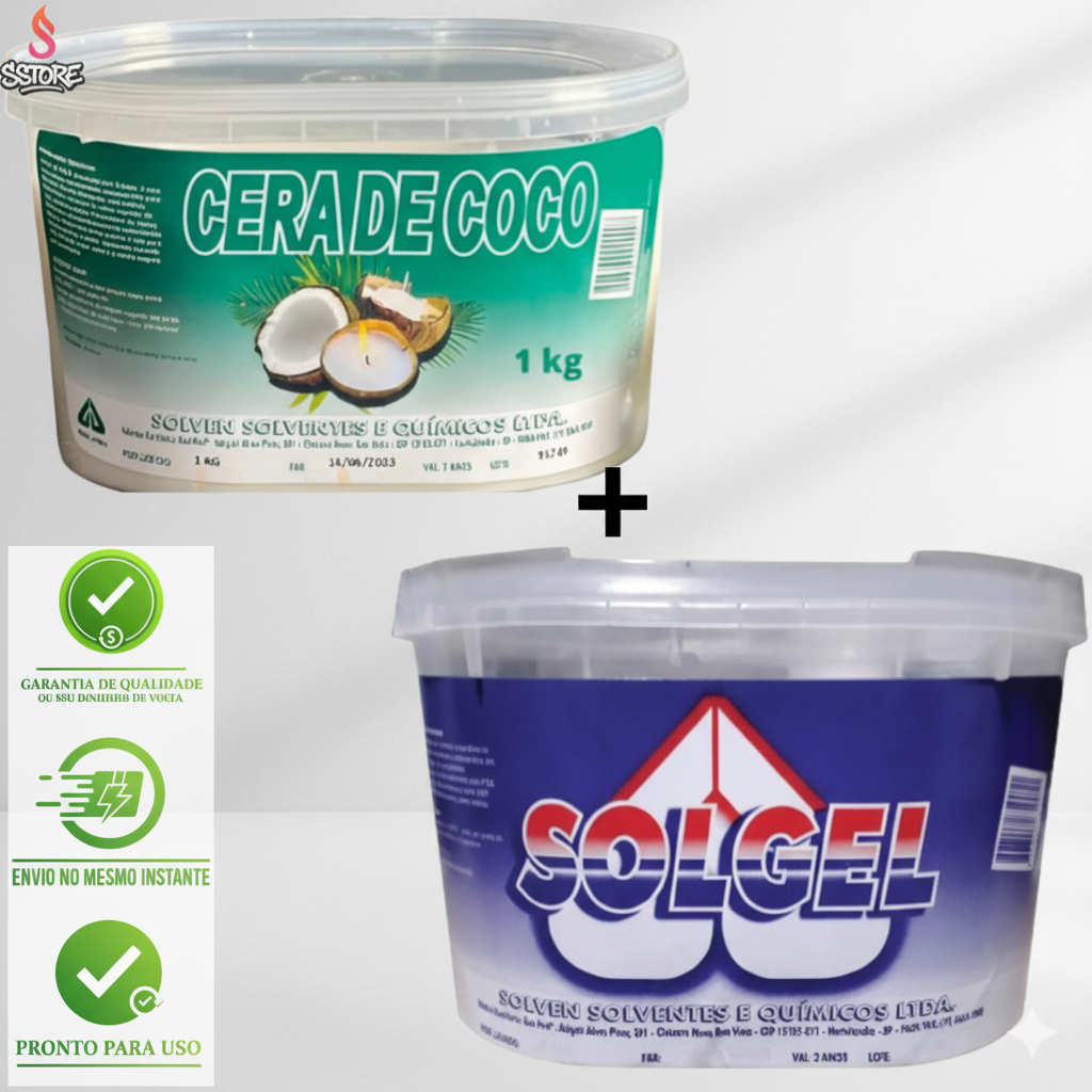 Kit Promocional Cera de Coco Solven 100% Vegetal + Parafina em Gel p/ velas aromáticas, decorativas em Oferta na Shopee