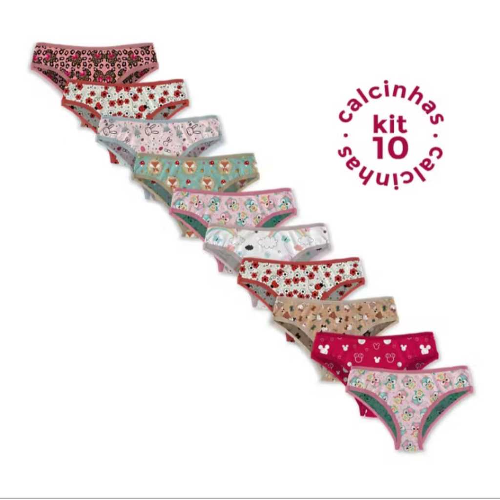 Kit 10 Calcinhas Feminina Infantil Microfibra com Forro de Algodão  Estampada Confortável .