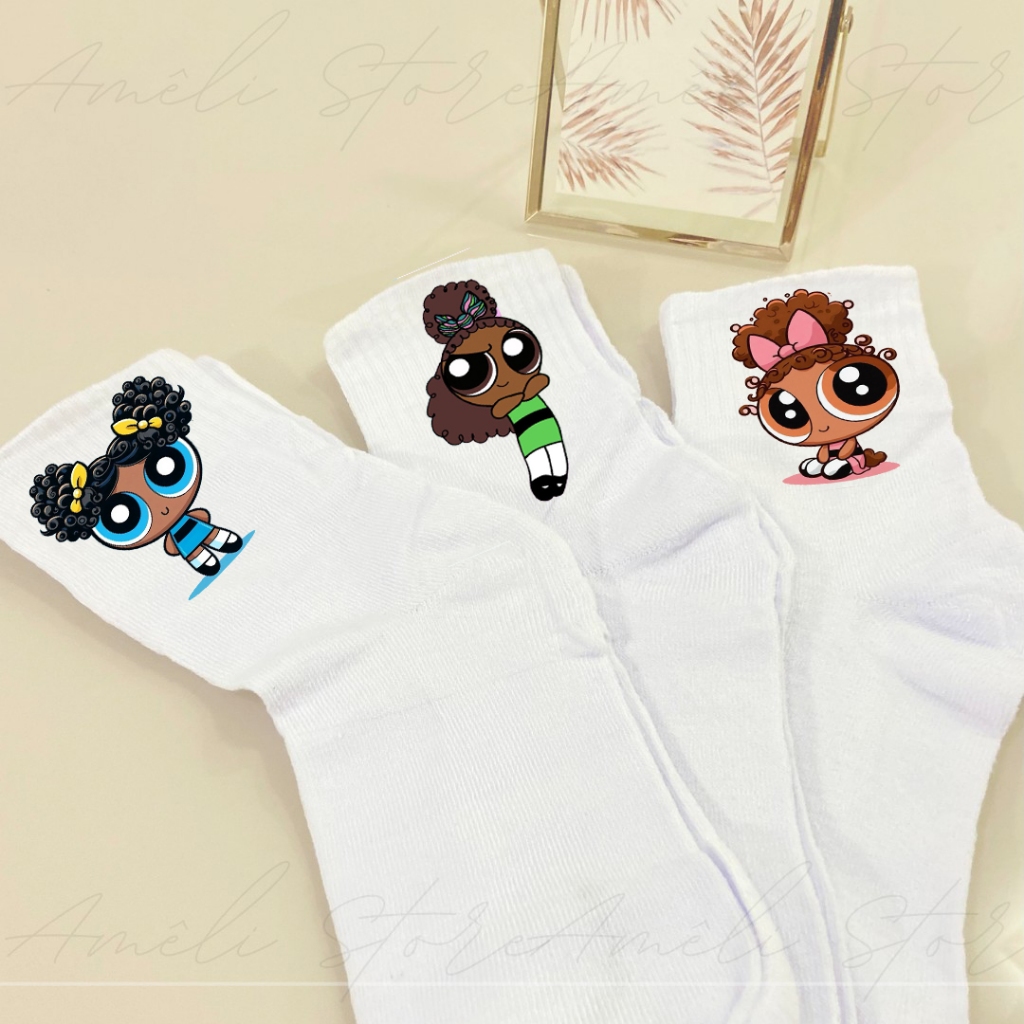 Meia Cute Colorida| Kit 03un cor Branca| Meia Personalizada | Inspiração Desenho dos Anos 2000 | Criativa e Confortável