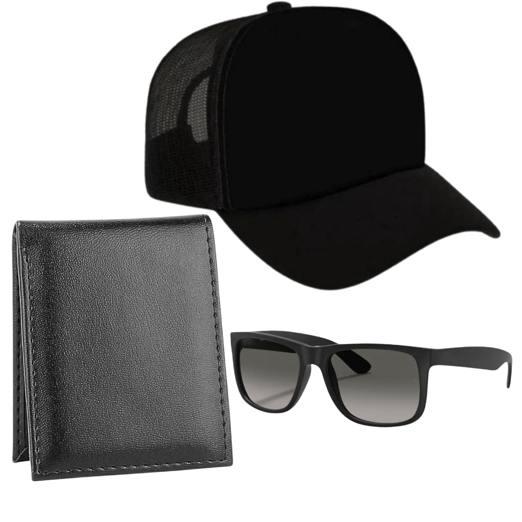 Kit Boné Carteira e Óculos de Sol Masculino Sortido Cores Presente Completo Estilo Casual Moderno Elegante