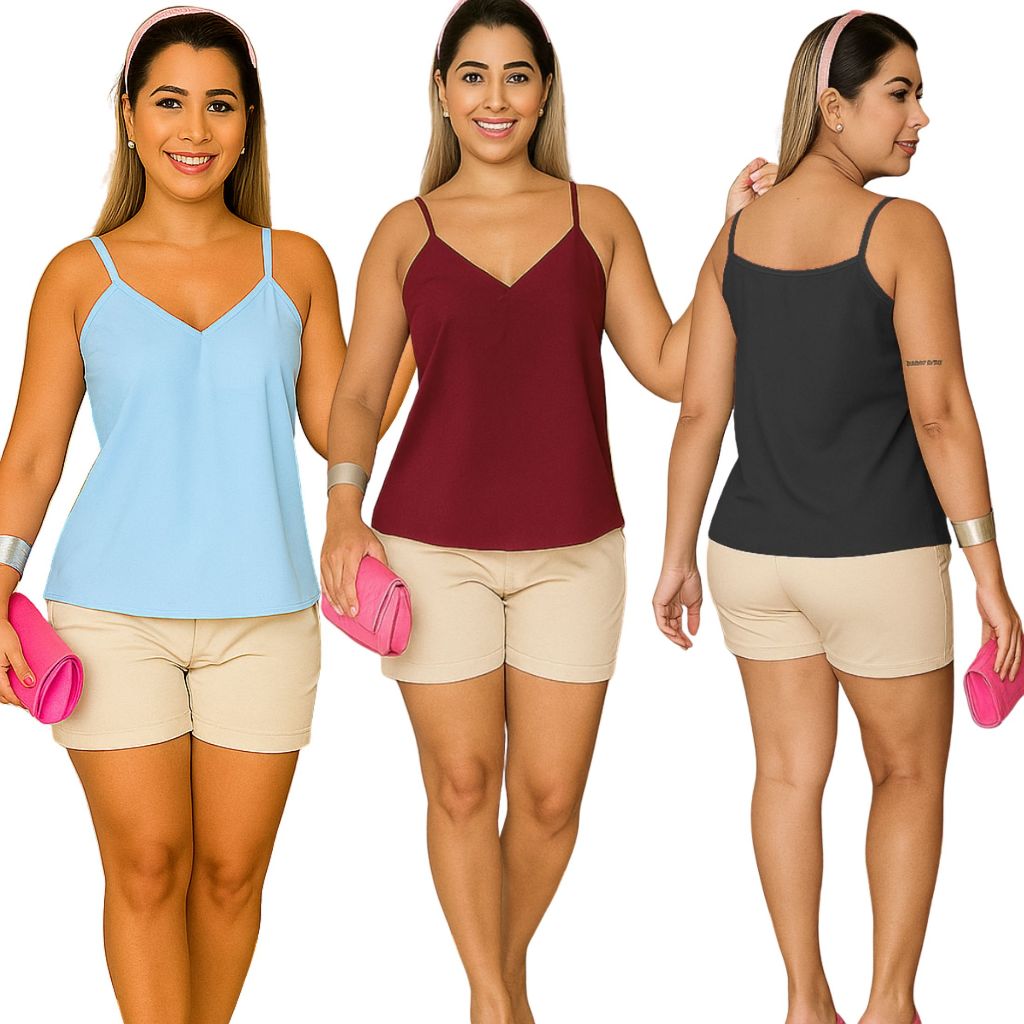 Blusa Regata Feminina Alça Regulável Blusinha Alcinha Gola V Tecido Duna