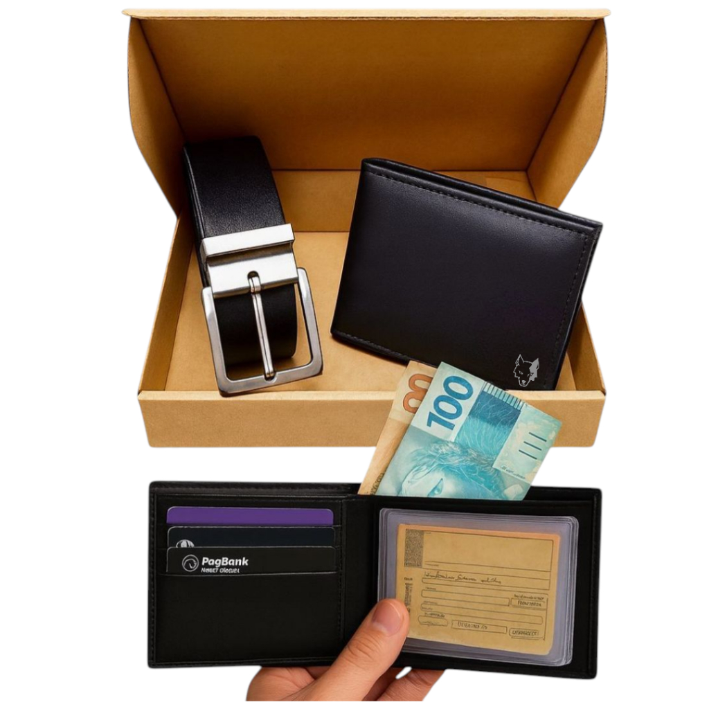 Kit Cinto Masculino 125/150 CM + Carteira Masculina de Couro Sintético Minimalista e Caixa Exclusiva em Oferta na Shopee