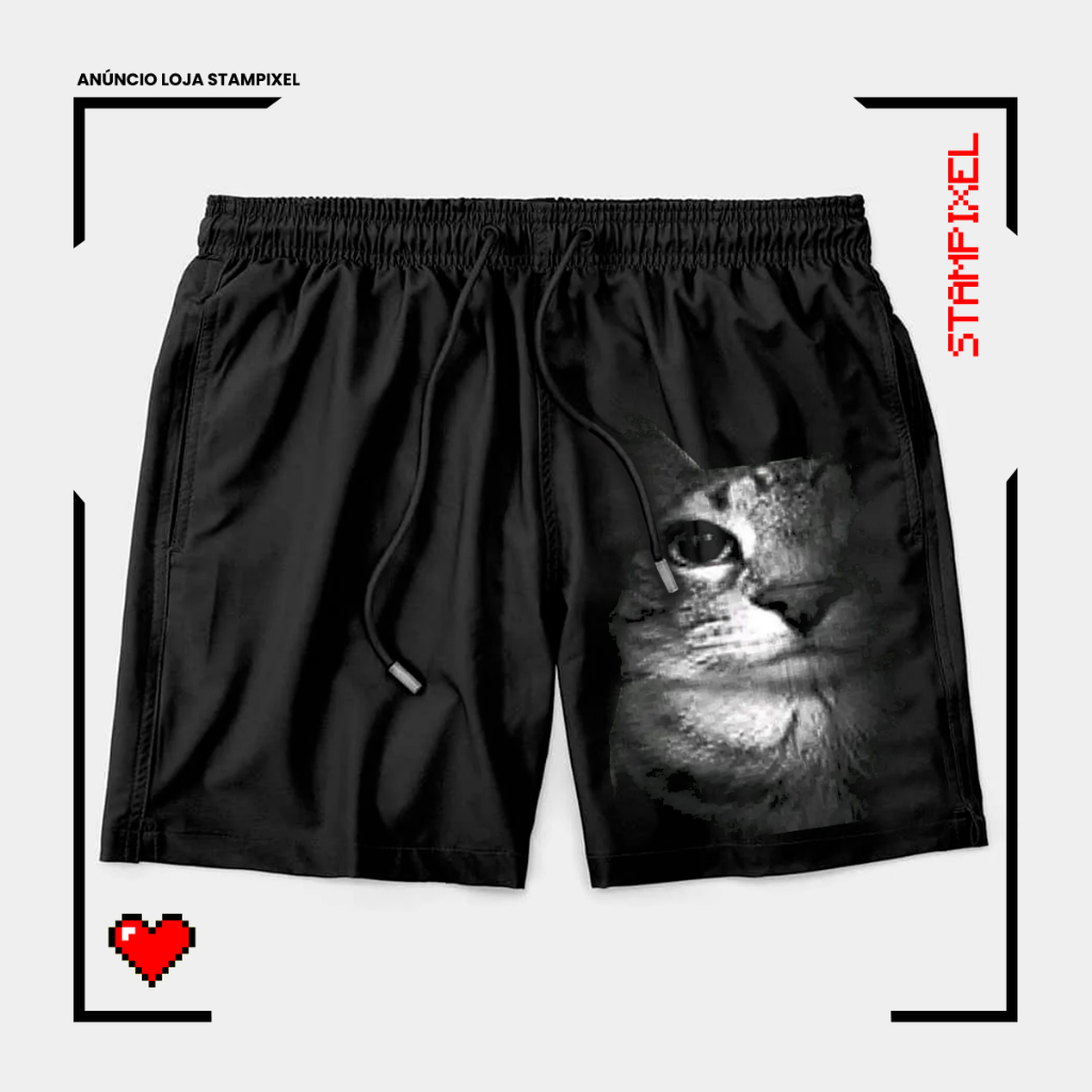Bermuda Tactel Gato Sério Encarando Short De Meme Engraçado Confortável Com Elastano Ideal Lazer Treino Esportes Praia