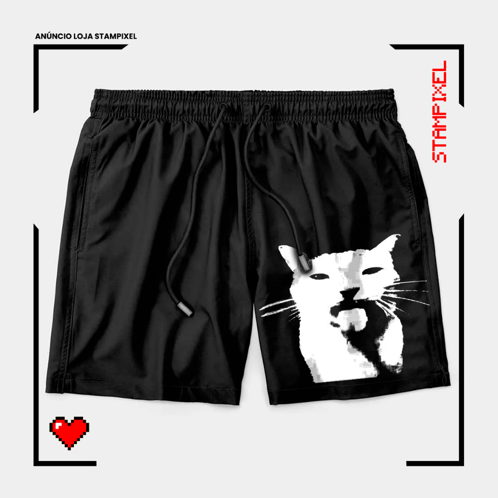Bermuda Tactel Gato Pensador Thinking Cat Short De Meme Funny Confortável Com Elastano Ideal Lazer Treino Esportes Praia