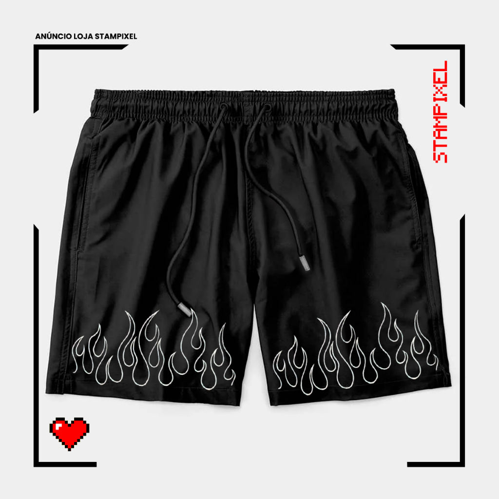 Bermuda Tactel Wats Fire Fogos Desenhados Short Estilo Trap Confortável Com Elastano Ideal Lazer Treino Esportes Praia
