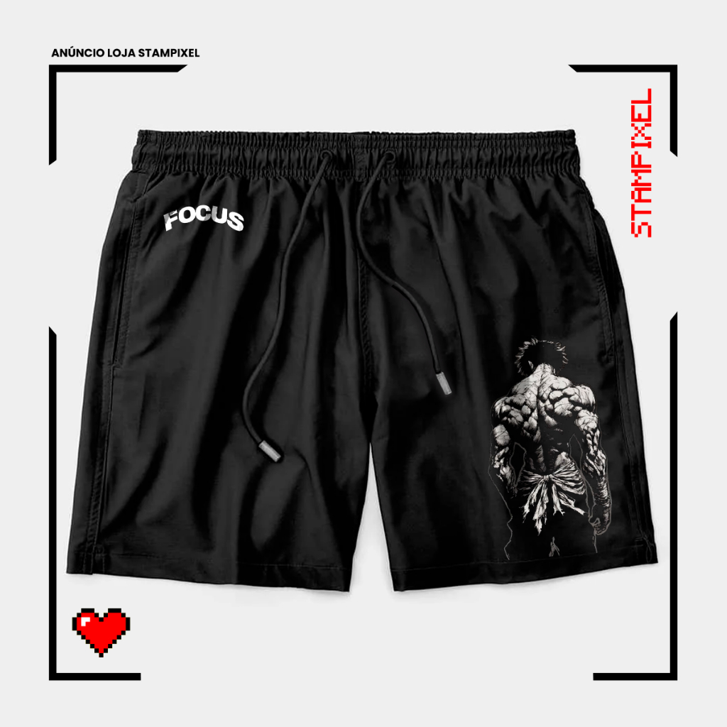 Bermuda Tactel Baki The Grappler Baki Hanma Focus Short Anime Confortável Com Elastano Ideal Lazer Treino Esportes Praia