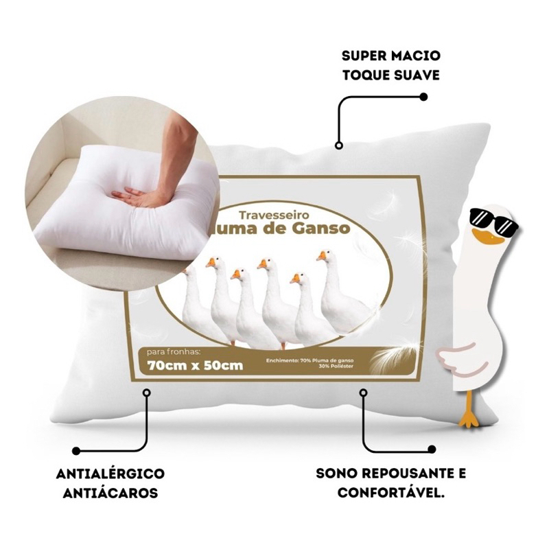Kit 4 Travesseiro Pluma de Ganso Confortavel e Macio Antiacaro 70x50cm
