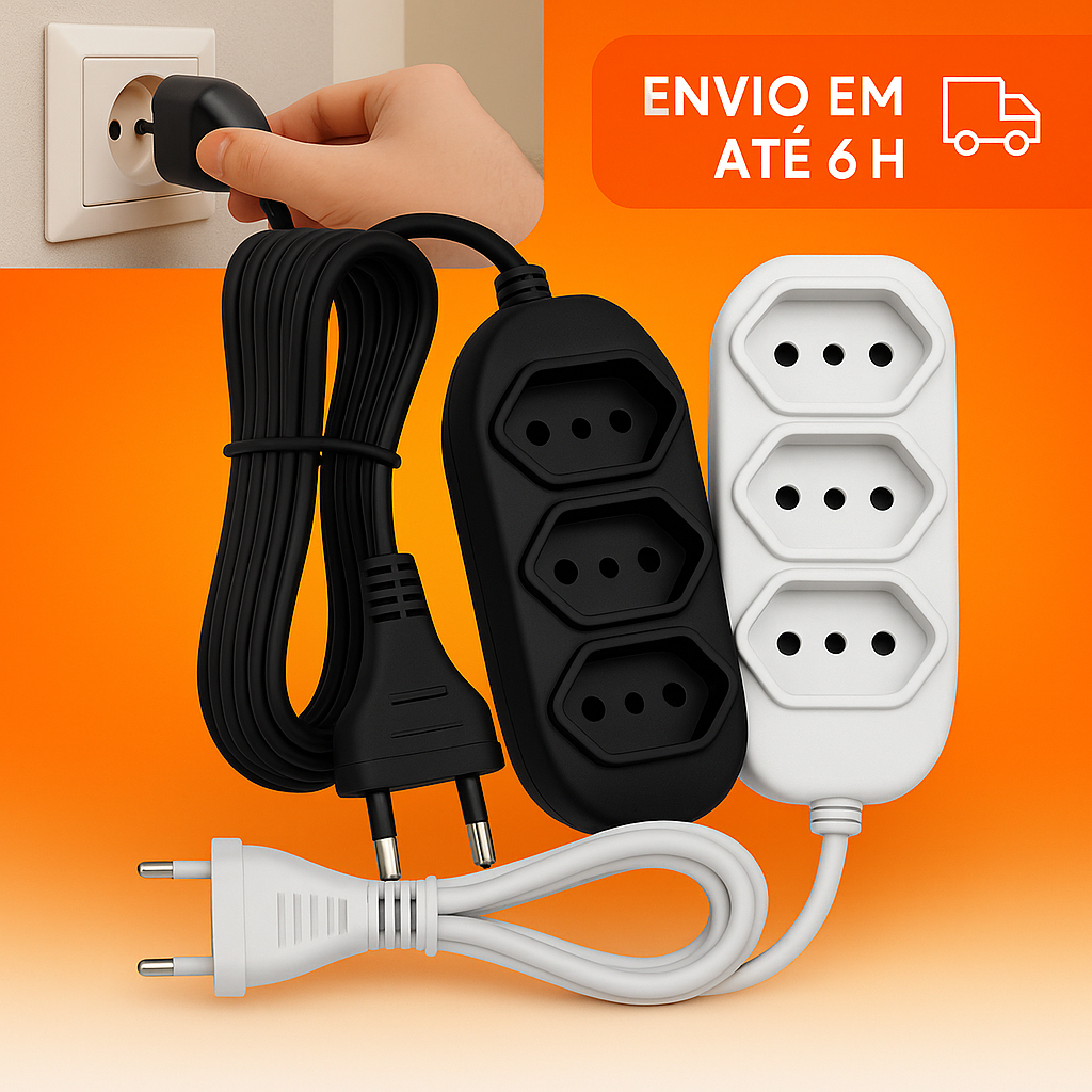 Extensão Elétrica Branca e Preta 10 Metros - Bivolt 110/220 10A Tomada Tripolares Preta Resistente Compacta