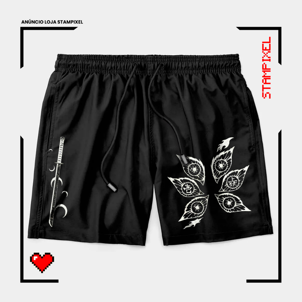 Bermuda Tactel Demon Slayer Kokushibo Olhos Kimetsu Yaiba Lua Short Anime Confortável Com Elastano Lazer Esportes Praia
