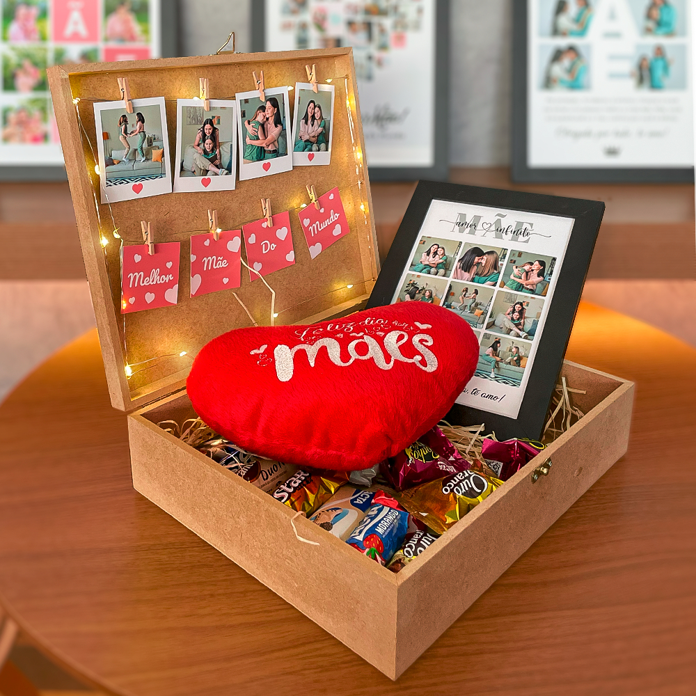 Cesta de presente para mãe e esposa com quadro personalizado e polaroid imã