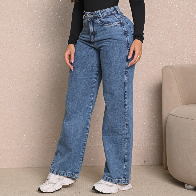 Calça Jeans Feminina Wide Leg Marmorizada Cintura Alta Tecido Grosso Pantalona Linha Premium 100% Algodão Levanta Bumbum
