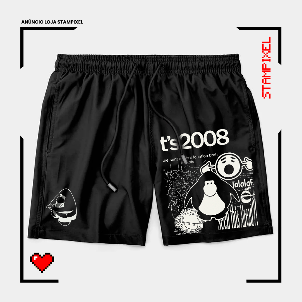 Bermuda Tactel Club Penguin Puffy Meme Short De Jogos Game Confortável Com Elastano Ideal Lazer Treino Esportes Praia
