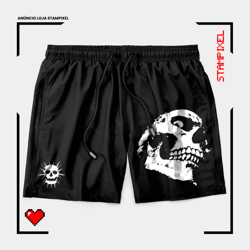 Bermuda Tactel Caveira Desconfiada Punk Short Moderno Confortável Com Elastano Ideal Lazer Treino Esportes Praia