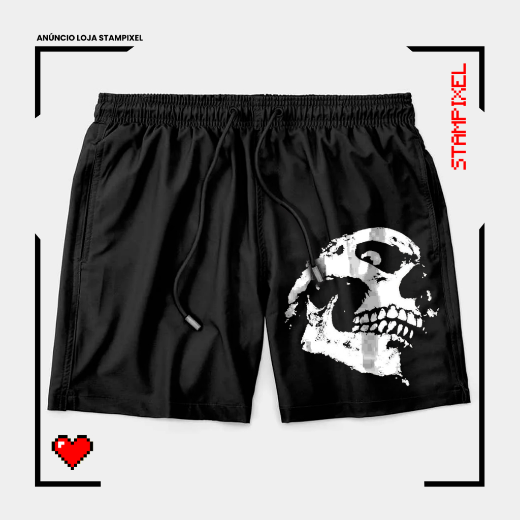 Bermuda Tactel Caveira Desconfiada Punk Gótico Short Moderno Confortável Com Elastano Ideal Lazer Treino Esportes Praia