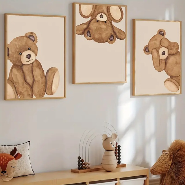 Quadro decorativo delicado 3 peças Ursinho Teddy urso Fofo Marrom Espiando decoração quarto infantil menino menina bebê em Oferta na Shopee