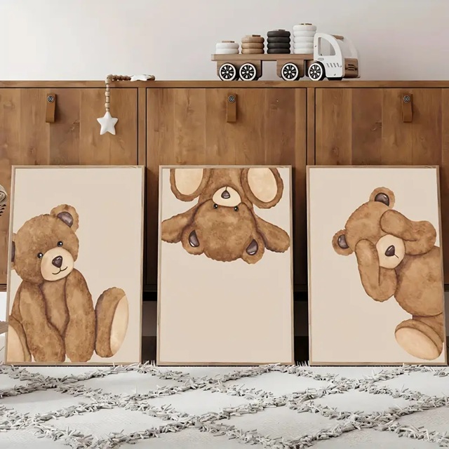 Quadro decorativo delicado 3 peças Ursinho Teddy urso Fofo Marrom Espiando decoração quarto infantil menino menina bebê
