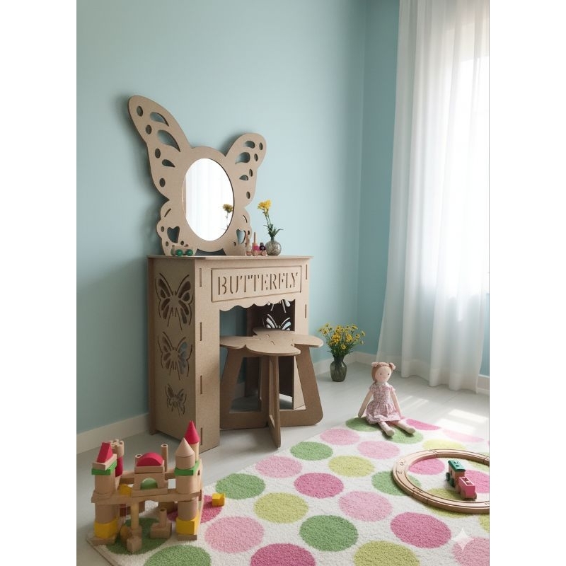 Penteadeira Infantil Borboleta com Banquinho em MDF Cru – 62x103 cm