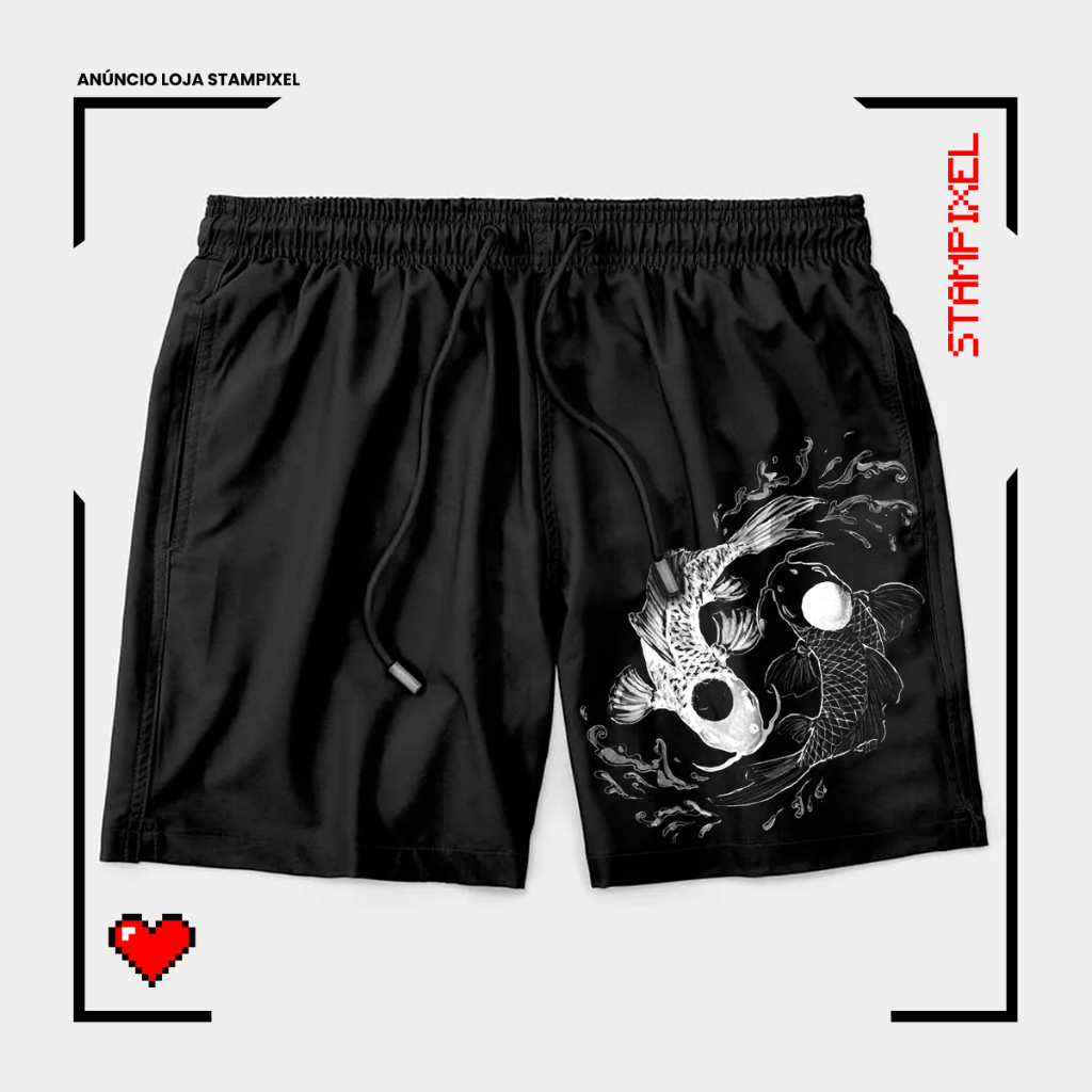 Bermuda Tactel Carpas Yin Yang Lado Bom E Mal Short Mandrake Confortável Com Elastano Ideal Lazer Treino Esportes Praia