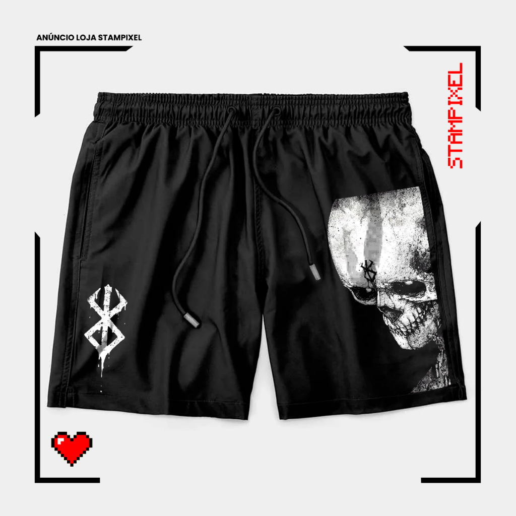 Bermuda Tactel Berserk Skull Marca do Sacrifício Short Anime Confortável Com Elastano Ideal Lazer Treino Esportes Praia