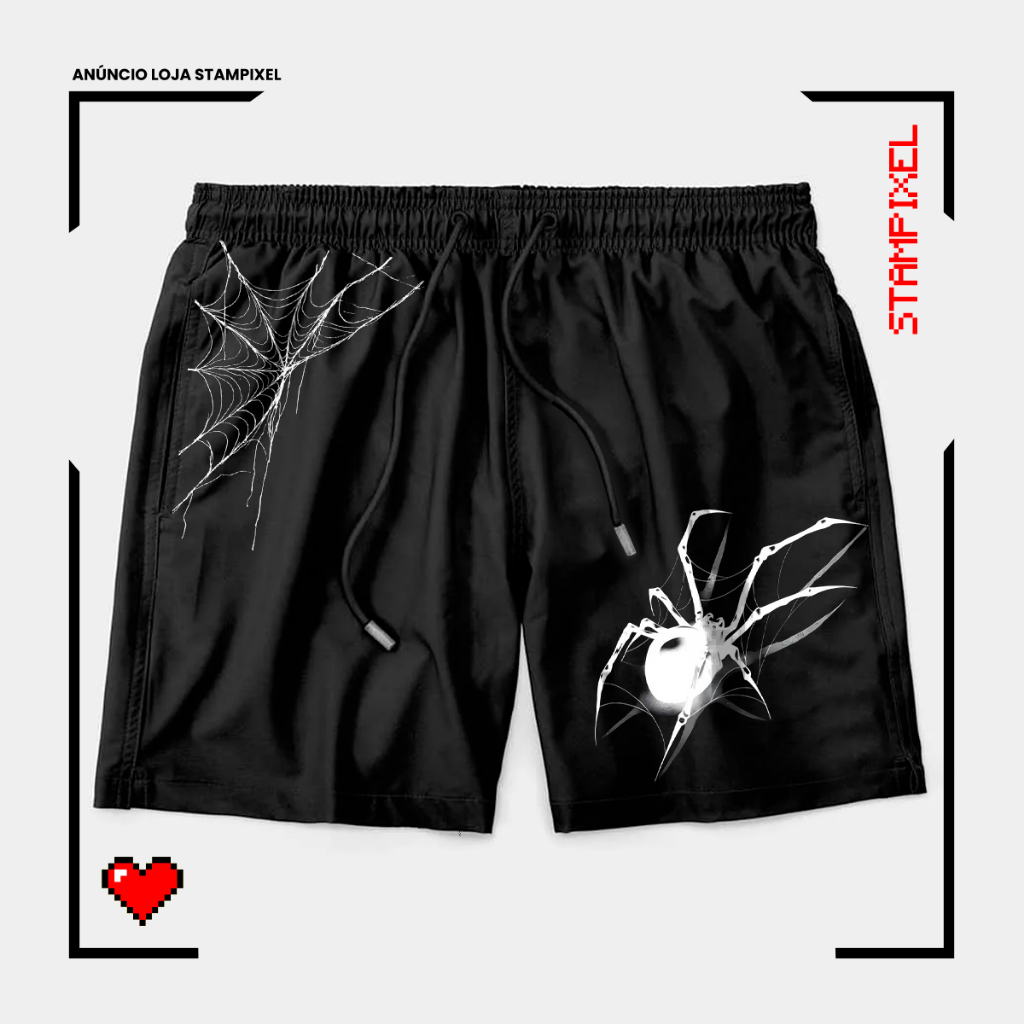 Bermuda Tactel Aranha Teia Estilo Alternativo Dark Short Confortável Com Elastano Ideal Lazer Treino Esportes Praia